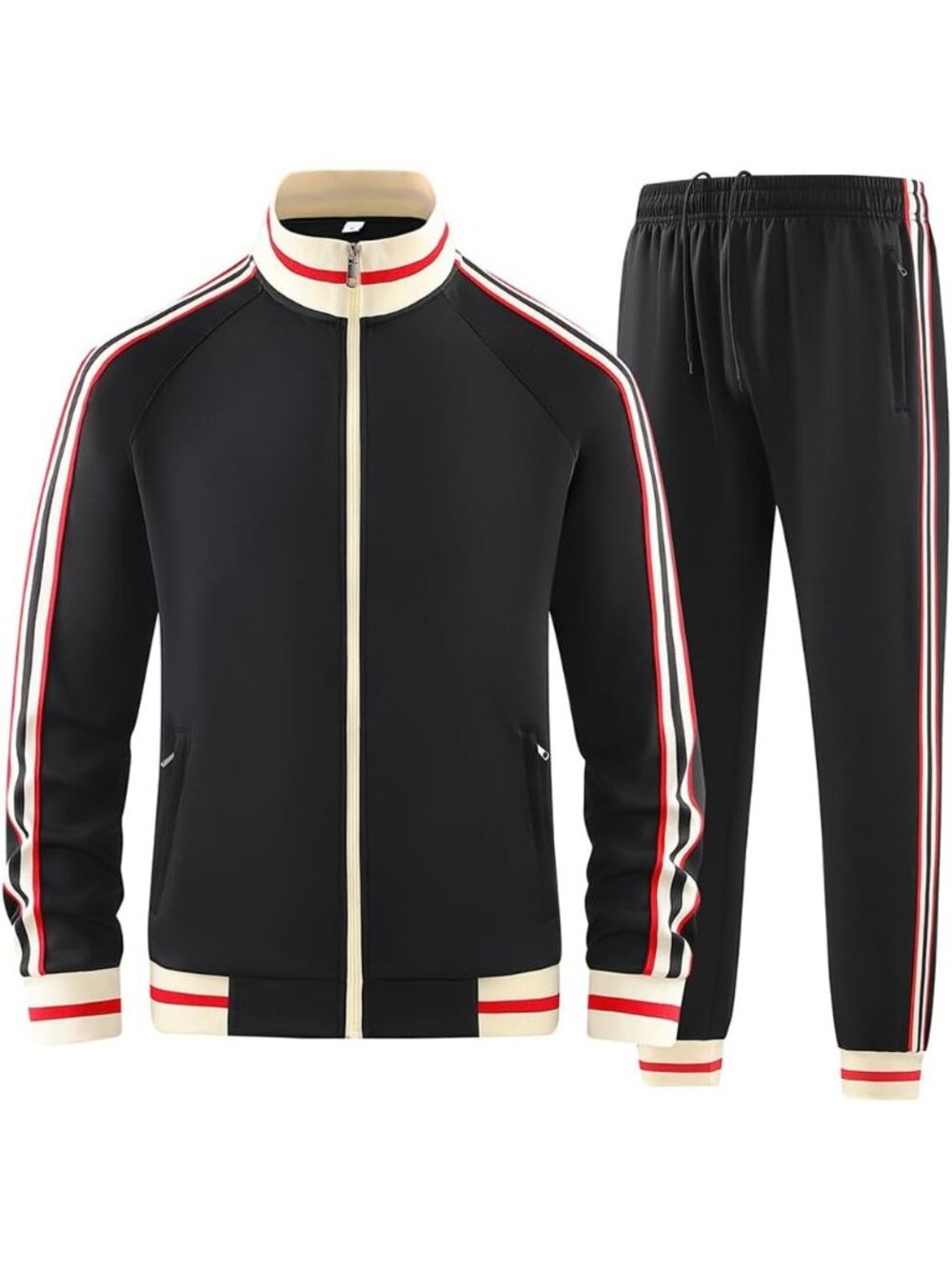 Men's 2 Piece Suit Black Slant Pocket Long Sleeve Full Zip Sweatsuit Jacket Pant